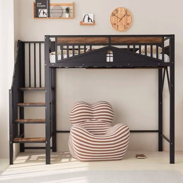 Letto a soppalco in metallo 90x200 cm; nero; con scala di sicurezza e sponda a finestra