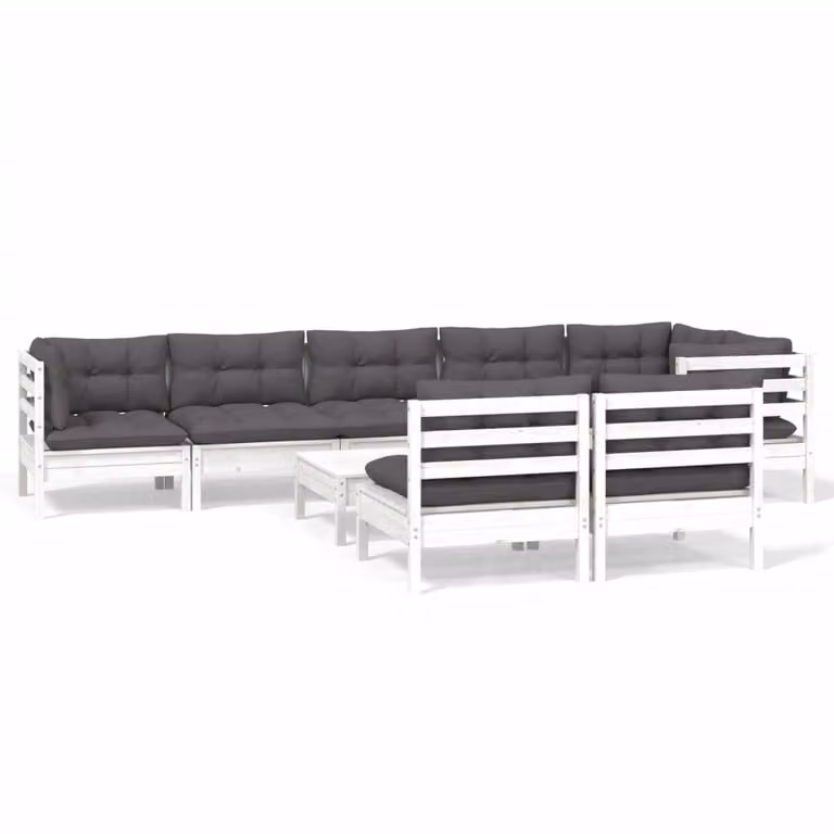 Set Divani da Giardino 9 pz con Cuscini Bianchi Legno di Pino