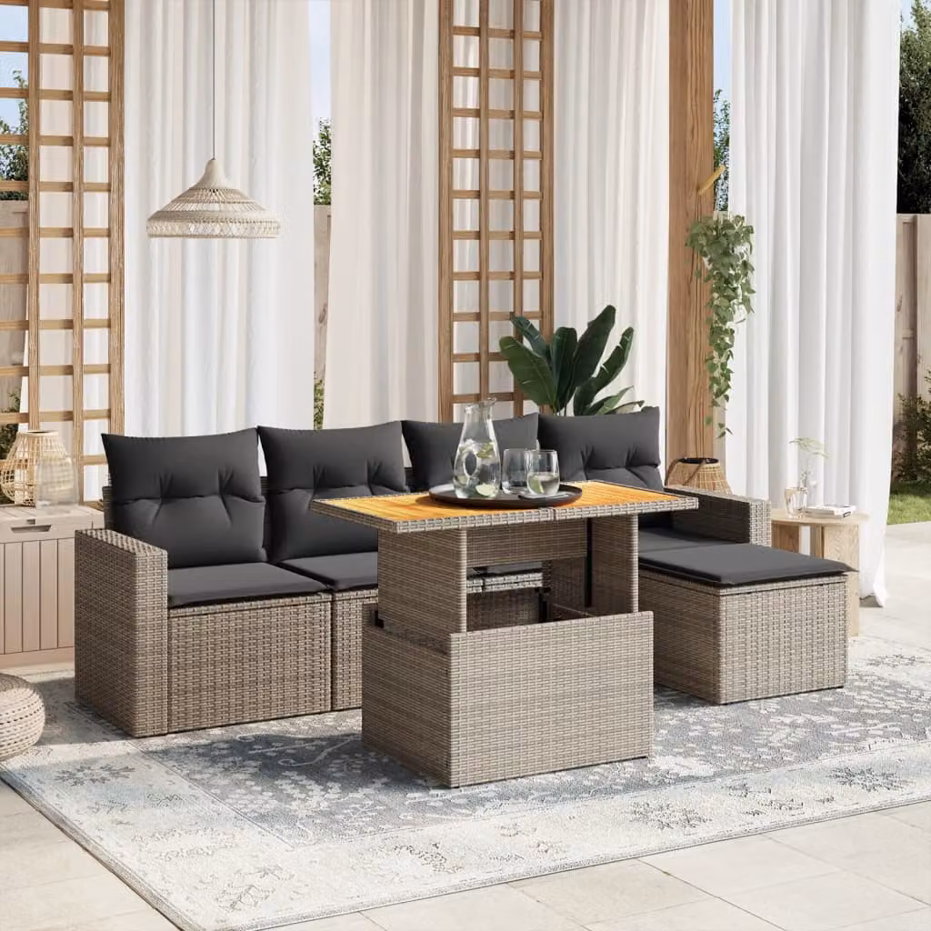 vidaXL Set Divano da Giardino a L 6 pz in Polyrattan Grigio con Cuscini e Tavolino – 1