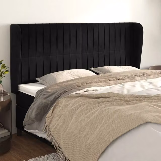Testiera ad orecchio vidaXL in velluto nero con struttura in legno L: 163 cm, P: 23 cm, H: 118-128 cm