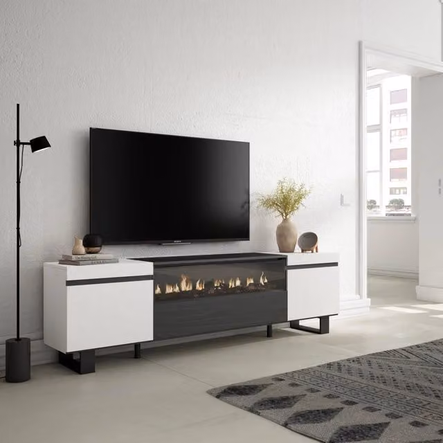 Mobile TV, 200x35x57cm, soggiorno, Per TV fino a 80", Camino elettrico, Design industriale, Bianco e nero RF2206