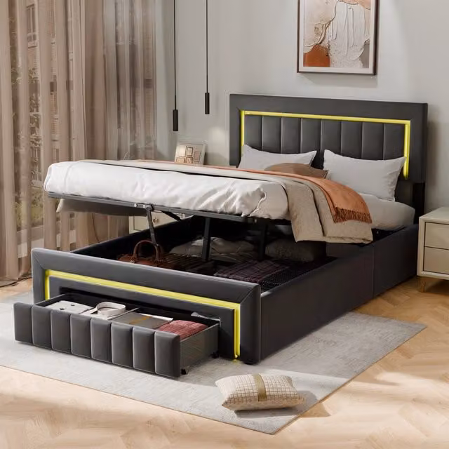 Letto matrimoniale 140x190 cm con illuminazione LED; cassetti contenitore; testiera imbottita; grigio