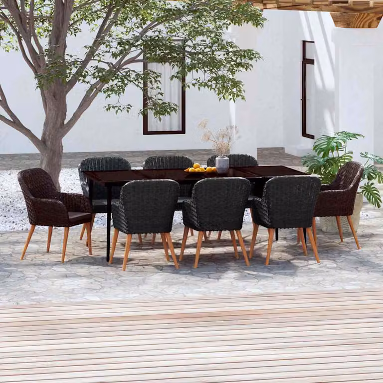 Set da pranzo da giardino vidaXL in rattan e legno di acacia con cuscini, 9 pezzi, nero e grigio