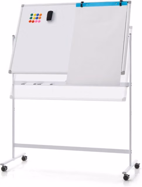 Lavagna bianca magnetica e reversibile Design Mania con ruote e regolazione in altezza, colore bianco, H: 173 cm, L: 120 cm, P: 51 cm