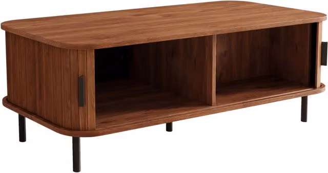 Tavolino da caffè rettangolare con ante scorrevoli, finitura noce con motivo a lamelle verticali, 100x50x45 cm