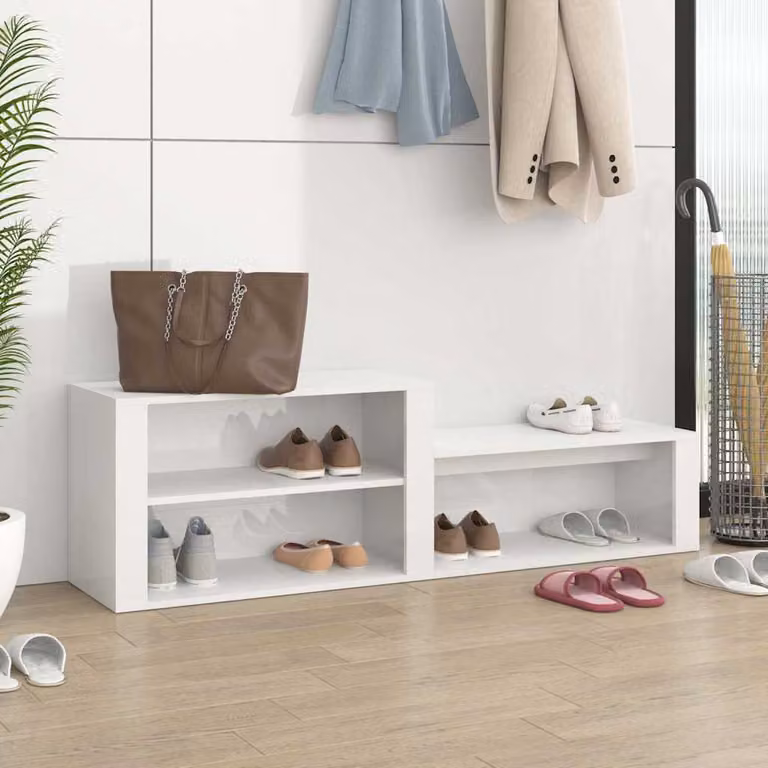 Scarpiera vidaXL Bianco Lucido in Legno con Ripiani Interni L: 150 cm, P: 35 cm, H: 45 cm