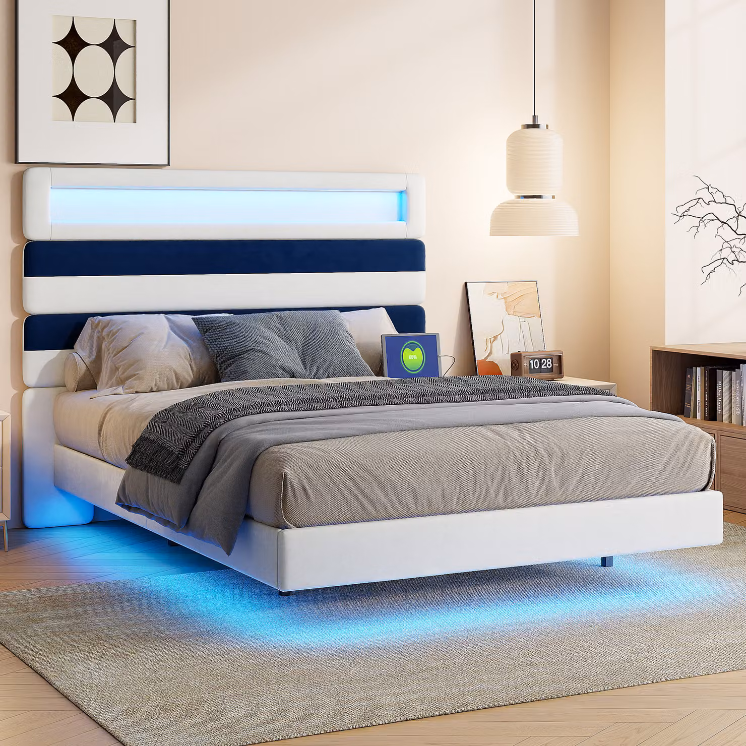 Letto imbottito 140x190 con LED, USB/Type-C e design sospeso