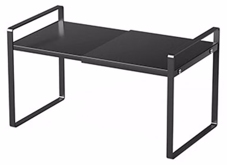 Organizzatore estensibile per scaffali, metallo nero, dimensioni 25-45 x 27 x 25 cm