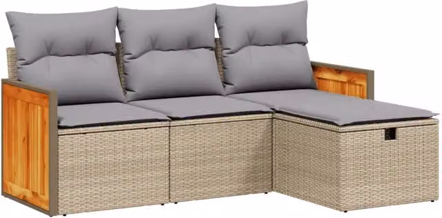 Set Divano da Giardino 4 pz | Set Salotto da Giardino con Cuscini Beige Misto Polyrattan