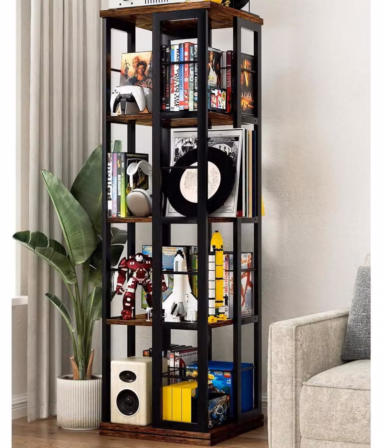 Libreria angolare, girevole, in legno, 4 ripiani, colore marrone, dimensioni 40x40x137 cm