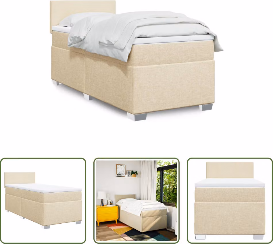 The Living Store Letto a molle con materasso crema 90x200 cm in tessuto