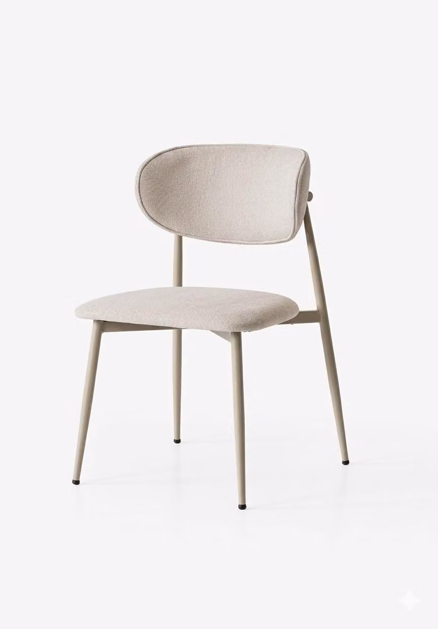 Sedia beige, comoda, morbida, in tessuto e metallo, in stile moderno, confortevole