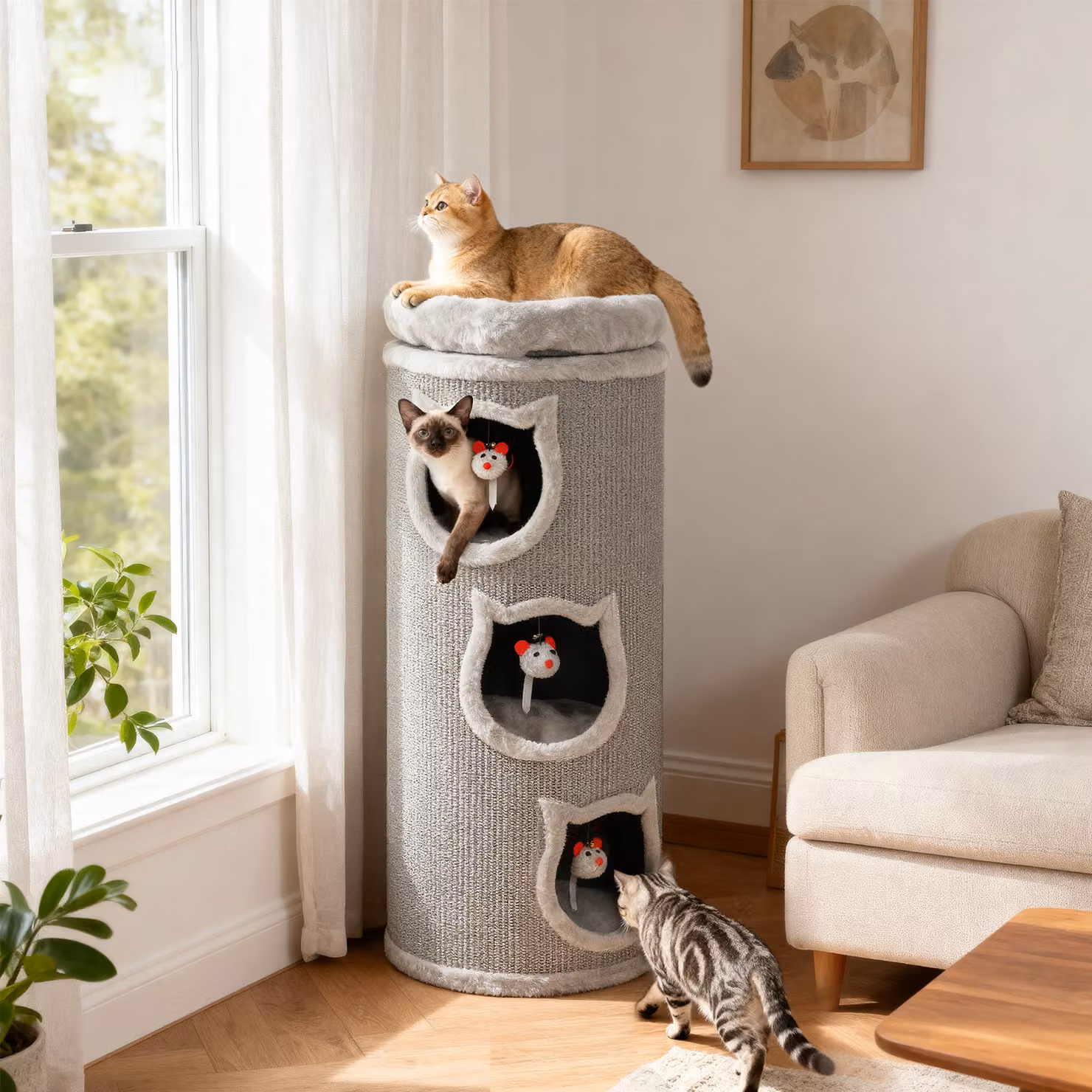 Torre tiragraffi per gatti PawHut a 4 livelli con letto lavabile e giochi sospesi, Grigio, Altezza: 96 cm – 2