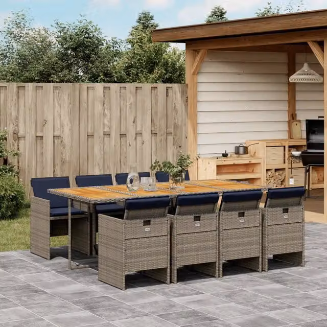 Set da pranzo da giardino vidaXL in polyrattan e legno di acacia con 9 pezzi e cuscini disponibile in grigio, marrone o blu