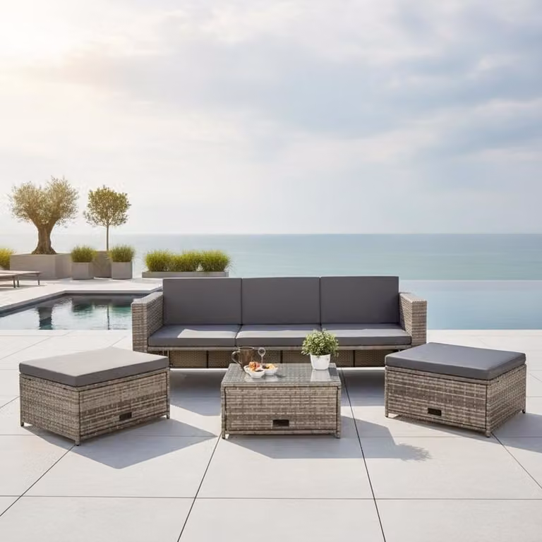 Mobili da giardino 6 pezzi grigio divano lounge polyrattan set da pranzo cuscini di seduta