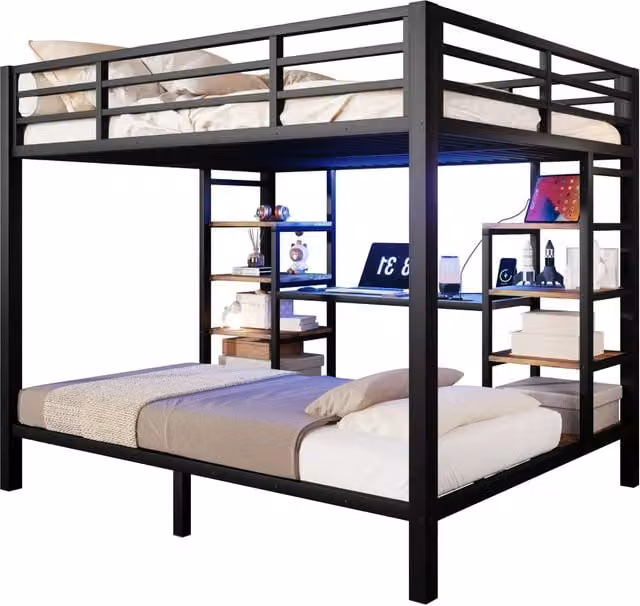Letto a castello moderno in metallo e MDF nero con porte USB, Type-C, luci LED integrate e ripiani laterali, senza materasso, L/P/H: 204 x 140 x 170 cm e 204 x 90 x 145 cm