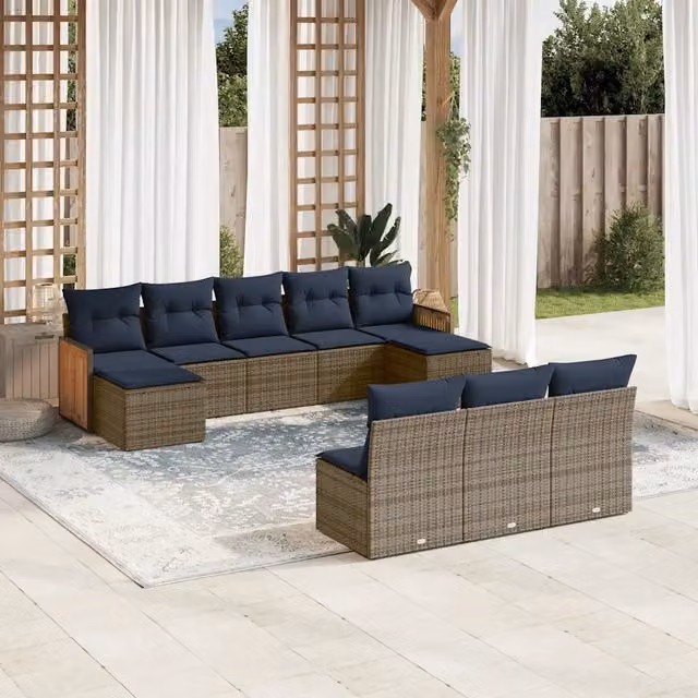Set Divani da Giardino 10 pz con Cuscini Grigio in Polyrattan 3228070
