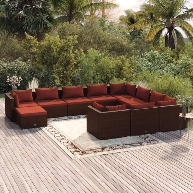 Set di Divani da Giardino a Forma di U vidaXL in Polyrattan Marrone con 11 Pezzi e Cuscini Inclusi