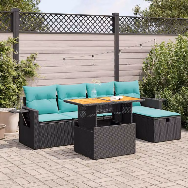 Set Divano da Giardino 6 Pezzi vidaXL in Polyrattan con Cuscini e Tavolino, Design Moderno a L con Struttura in Legno di Acacia e Colore Nero