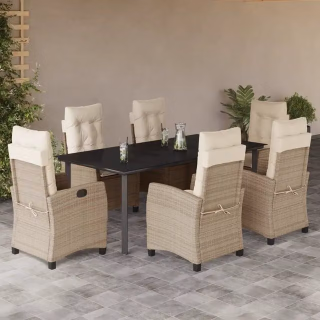 Set da pranzo da giardino vidaXL in polyrattan con piano in vetro e 7 cuscini beige