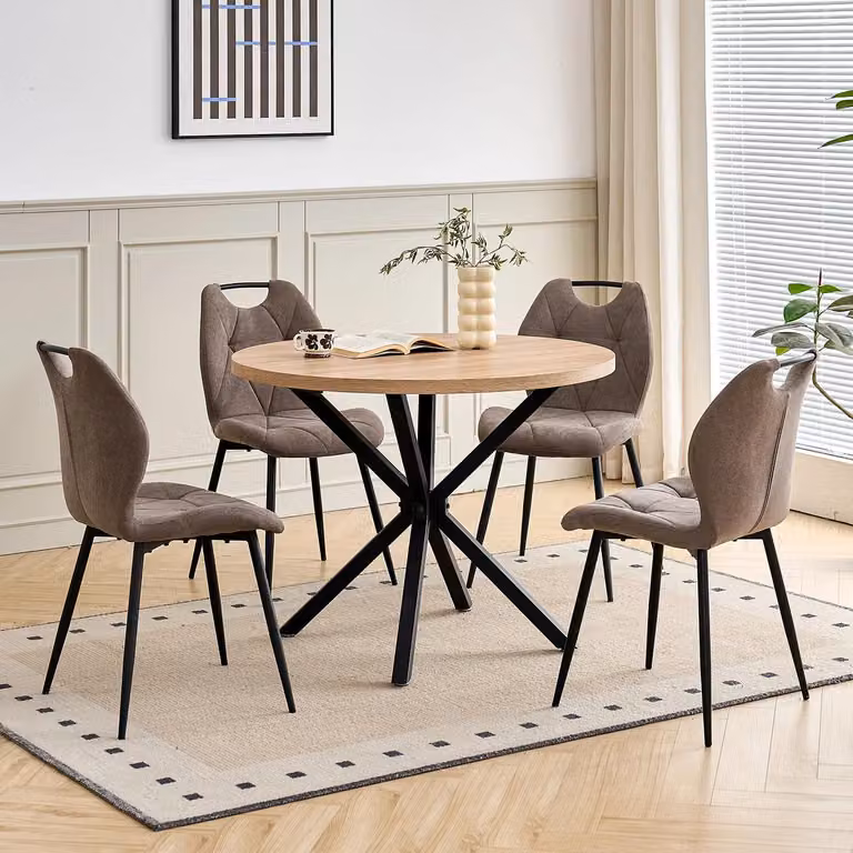 Essgruppe - Tavolo rotondo da pranzo con 4 sedie da sala da pranzo - Sedie imbottite - Struttura in metallo - Stile minimalista e moderno - Colore marrone