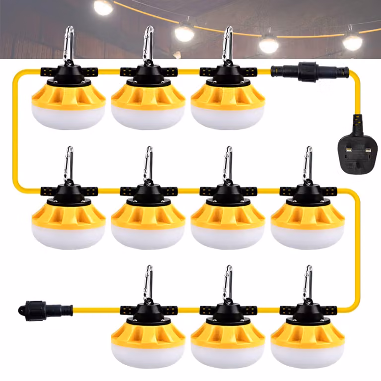 Catena luminosa a LED per cantieri, lunghezza 30,5 metri, 100 W, colore giallo, con 10 luci