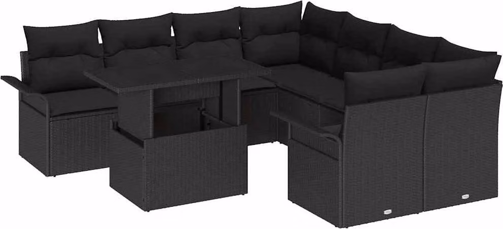 Set Divano da Giardino con cuscino 9 pcs Nero Poly Rattan
