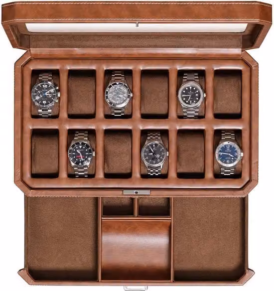 Orologeria da 12 pezzi con cassetta da valletta in pelle di microsue, display organizer, contenitore per accessori maschili, scatola per gioielli, display organizer per gioielli (marrone/marrone)