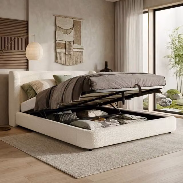 Letto Contenitore REDOM in Bouclé Beige con Rete a Doglie L: 180 cm x P: 200 cm – 1
