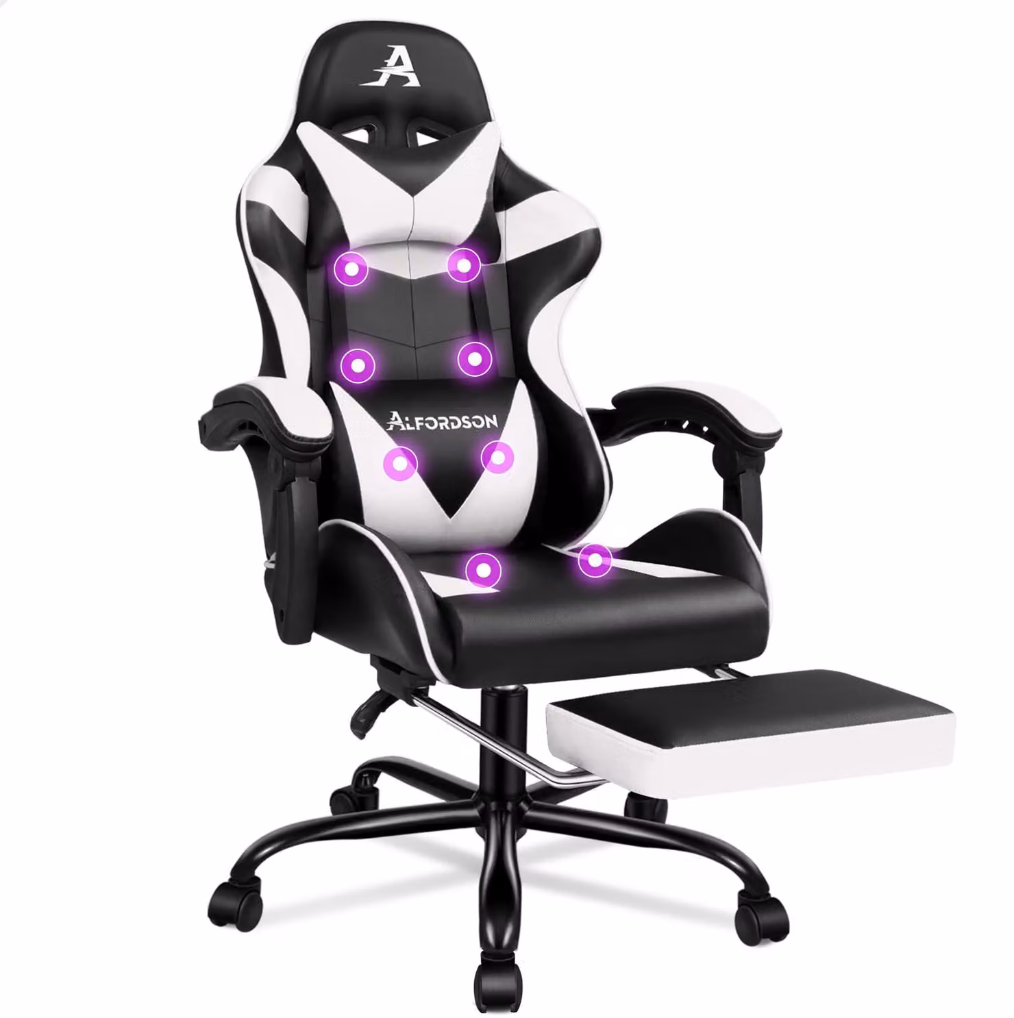 Sedia da ufficio bianca in ecopelle - Con funzione massaggio e poggiapiedi - Capacità di carico: 180 kg - Design ergonomico - Sedia da gaming