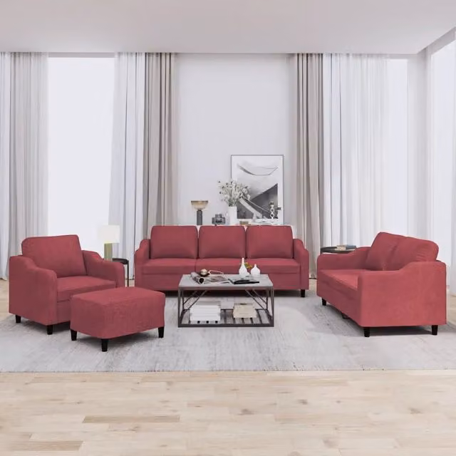 Set di divani moderno vidaXL in tessuto rosso composto da un divano a 3 posti, un divano a 2 posti, un pouf e cuscini coordinati – 1