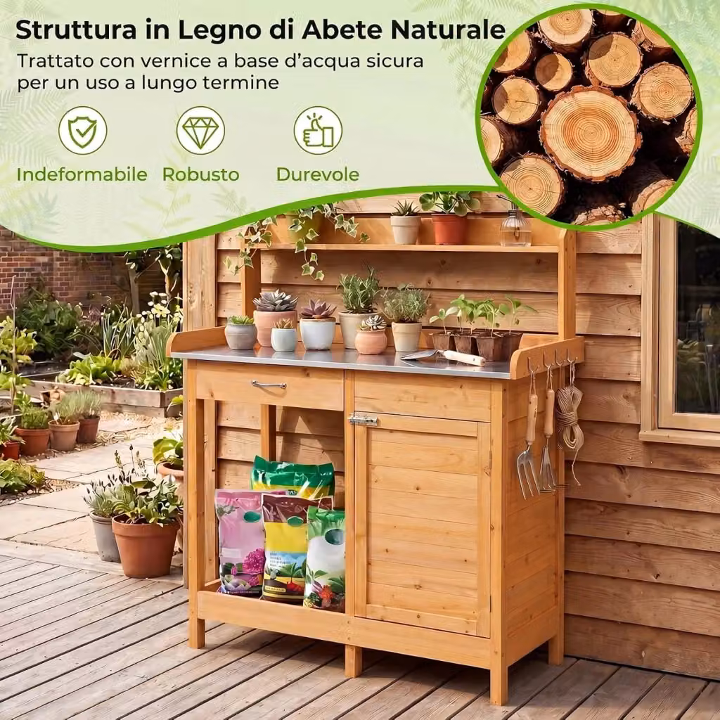 Tavolo da Giardinaggio COSTWAY in Legno Marrone con Piano in Acciaio Inox, Banco da Lavoro con Ripiani, Armadietto, Cassetto e 3 Ganci, H 125 x L 112 x P 46,5 cm – 2