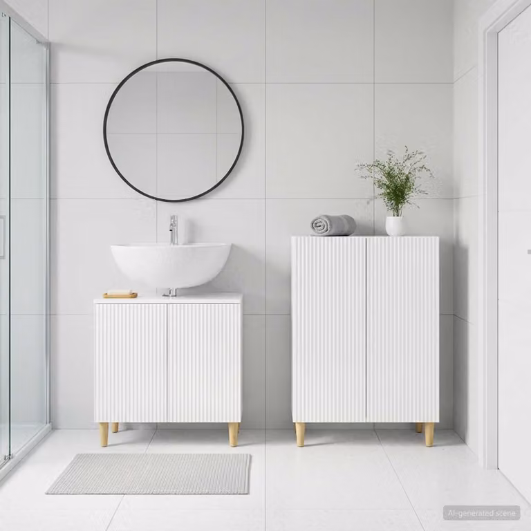Set di mobili da bagno vidaXL ARNHEM composto da mobile lavabo e mobile contenitore, bianco lucido, design moderno