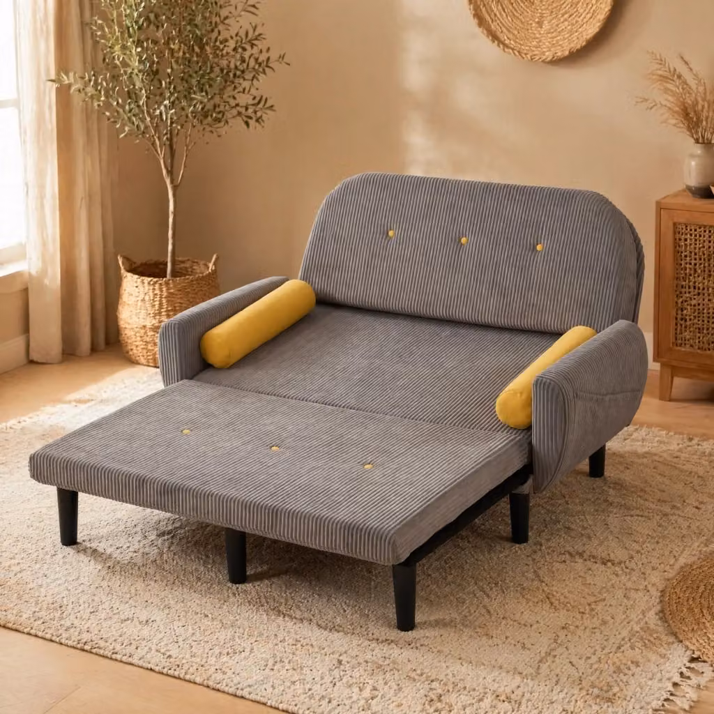 Divano letto MIVRAY in velluto a coste grigio con funzione click-clack, schienale regolabile e cuscini inclusi – 2