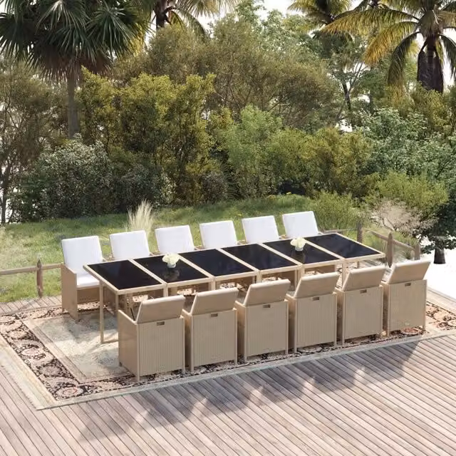 Set da pranzo da giardino vidaXL in polyrattan beige con cuscini e tavolo in vetro, 13 pezzi