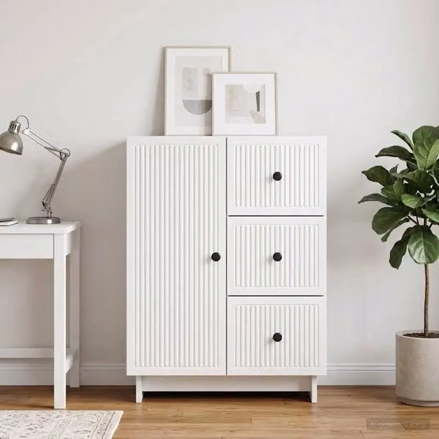 Credenza moderna vidaXL in bianco lucido con finitura a strisce, L 66 x P 34,5 x H 90 cm