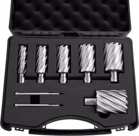 Set di 8 punte per trapano magnetiche VEVOR in acciaio HSS color argento con diametro di taglio da 22,22 a 50,8 mm e custodia per il trasporto