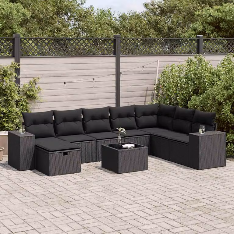Set Divani da Giardino vidaXL 9 pz in Polyrattan Nero con Cuscini e Tavolino da Esterno a Forma di L