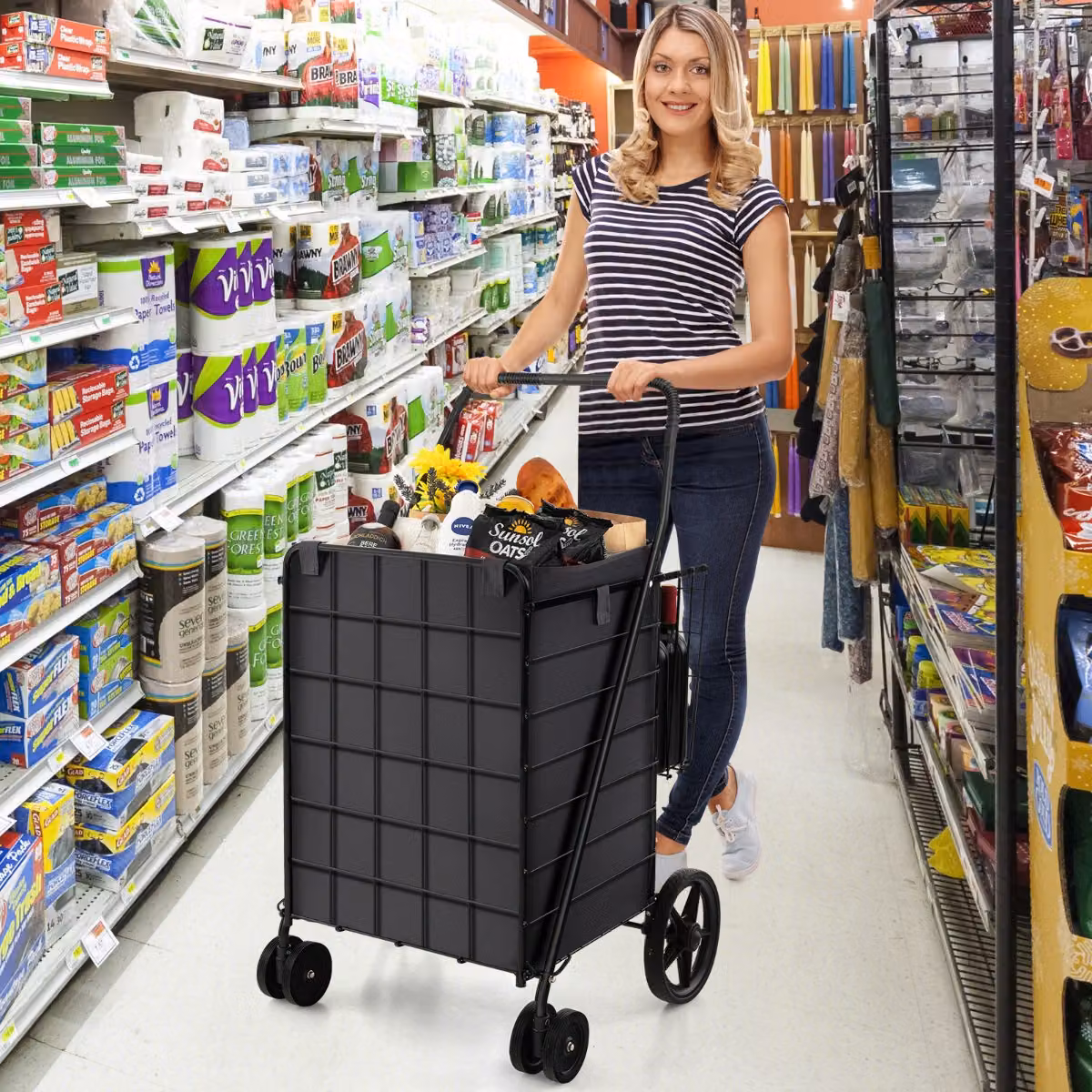 Carrello della spesa pieghevole Costway con fodera in Oxford e ruote anteriori piroettanti, Nero, 120L
