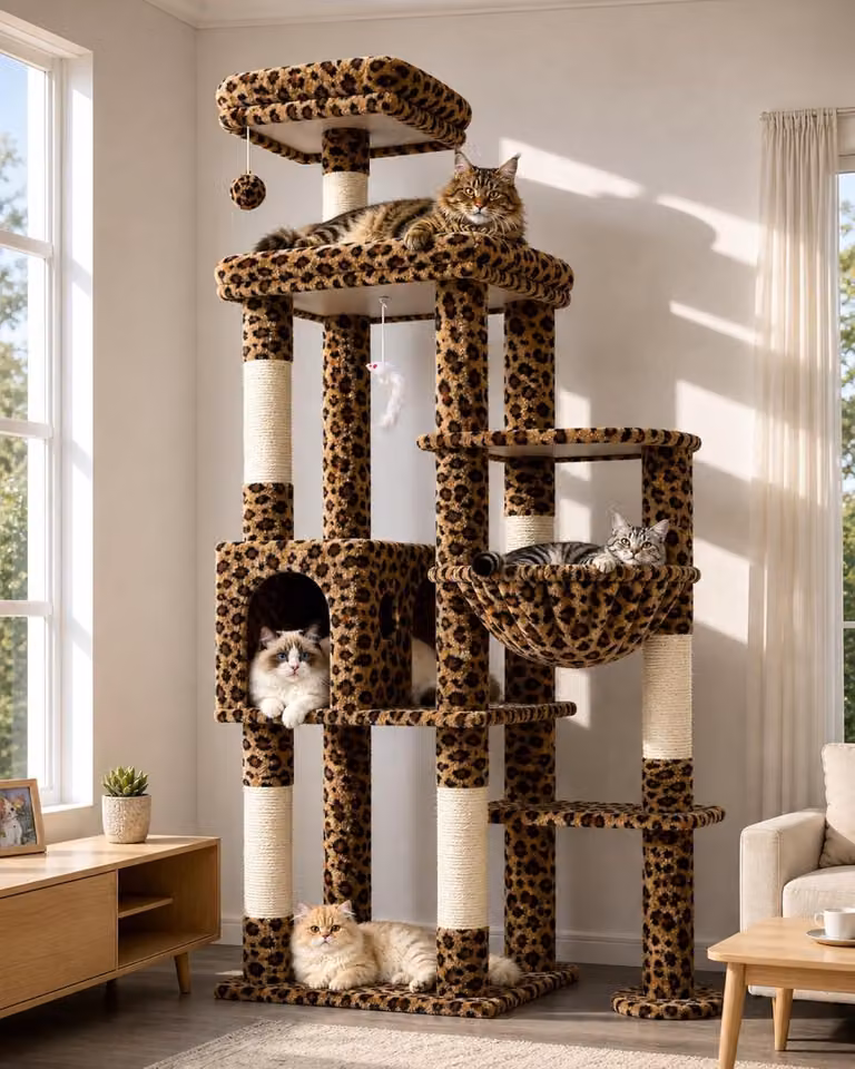 Albero per gatti grande e robusto, altezza 167 cm, motivo leopardo, adatto a 2-3 gatti di taglia grande