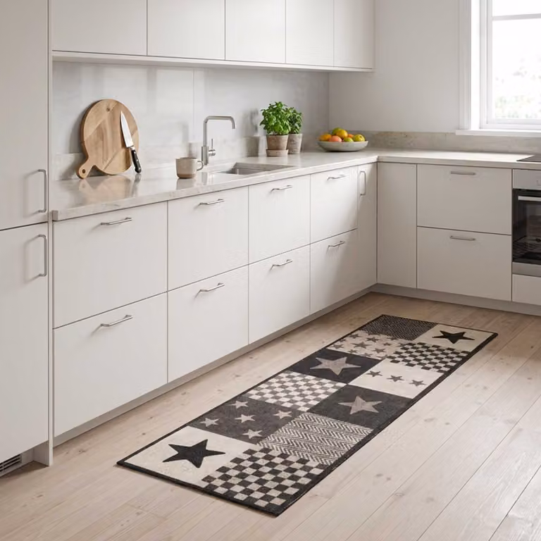 Tappeto da cucina moderno vidaXL con motivo a stelle grigie, lavabile e antiscivolo, L: 300 cm, P: 60 cm