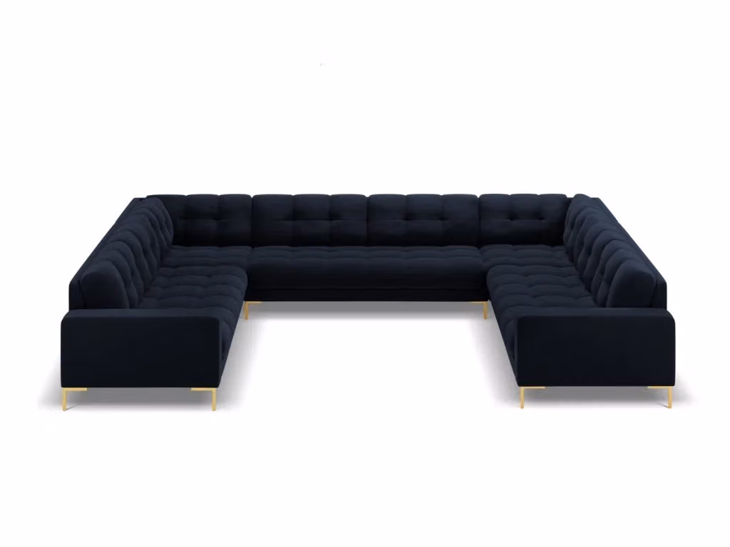 Divano panoramico Bali Cosmopolitan Design a 9 posti in velluto blu scuro con dettagli oro e struttura in metallo L: 327 cm, P: 150 cm, H: 75 cm – 2