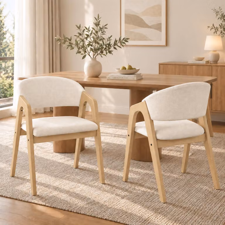 Set di 2 sedie da pranzo Flieks, poltrone con schienali sagomati, sedie per la cucina o il soggiorno, rivestite in lino, colore legno naturale