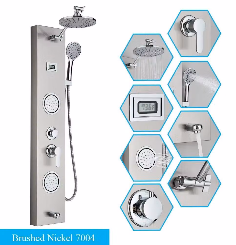 Pannello doccia LED - Sistema doccia a pioggia - Ugelli massaggio tipo SPA - Montaggio a parete - Con ripiano - Controllo LED touch - Acciaio inossidabile 304 - Finitura nichel spazzolato