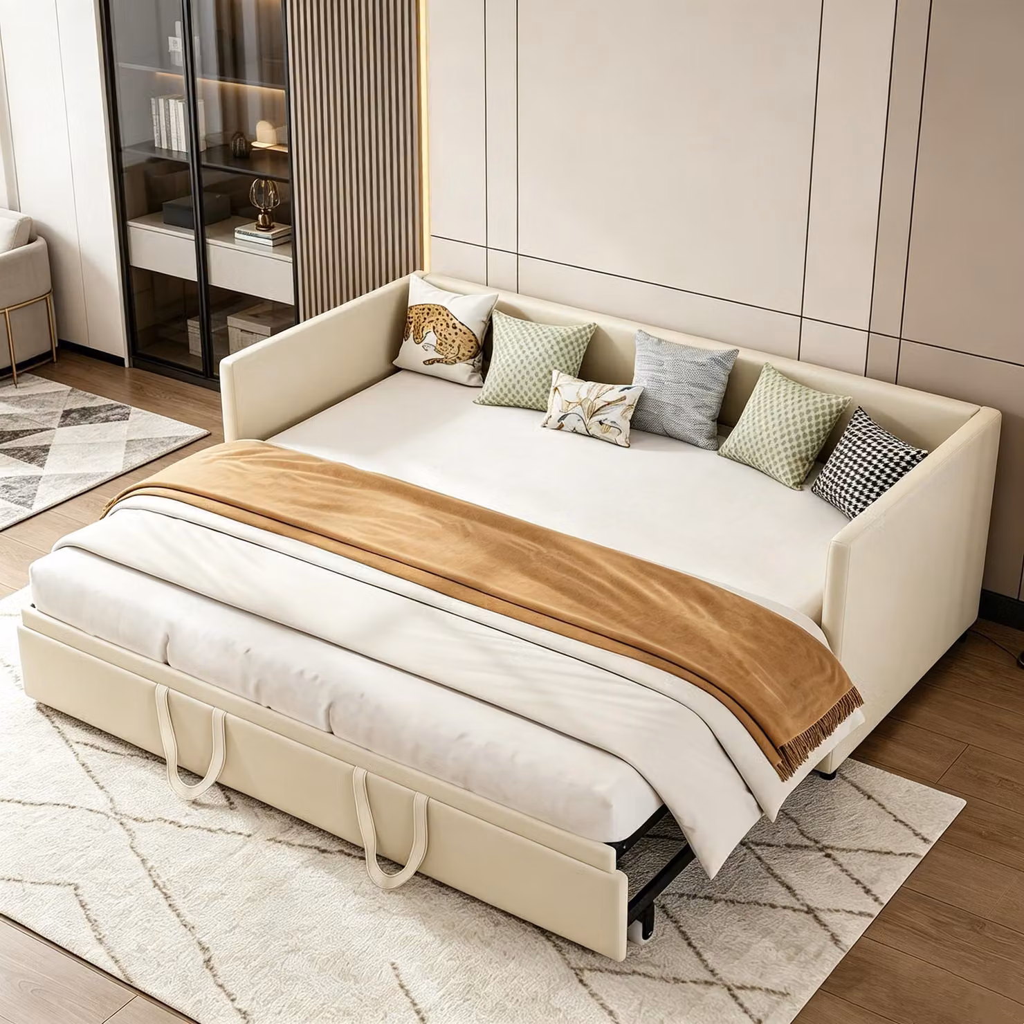 INONEFT, divano letto a una piazza e mezza (90x200 cm) o a due piazze (180x200 cm), estendibile, con rete a doghe e braccioli, poltrona letto multifunzionale, in velluto, color beige
