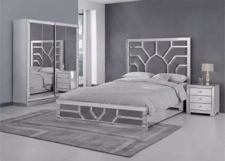 Set da camera da letto in stile moderno con letto, comodino e armadio