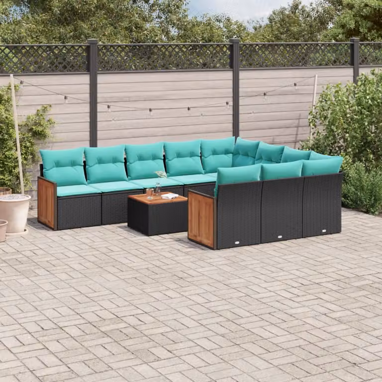 Set di divani da giardino vidaXL 11 pezzi in polyrattan nero con cuscini e tavolino da esterno a forma di U