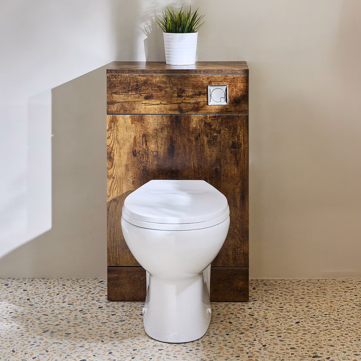 Mobile WC da 500 con Sanitario Select - Rovere Scuro - Pulsante di Scarico Cromato - Cluo