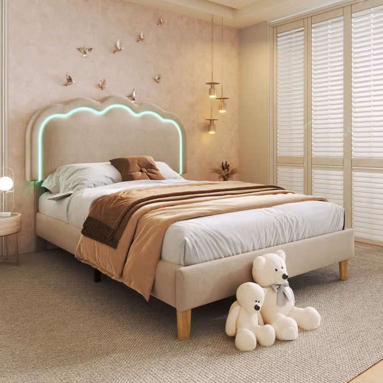 Letto imbottito Flieks 90x200cm con LED, letto per ragazzi letto per bambini con rete a doghe, letto singolo letto in legno letto classico con testiera regolabile biancheria