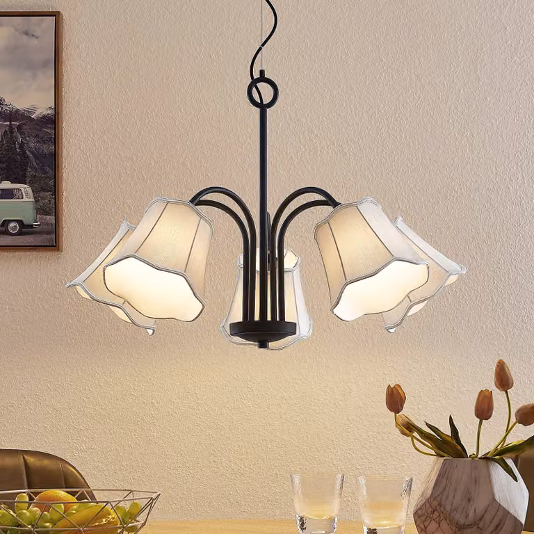 Lampada a sospensione Binta Lucande, dimmerabile, Alluminio / Grigio / Zincato, Soggiorno / Sala da pranzo, Tessuto / Stoffa / Seta, Vintage, Lampada a sospensione